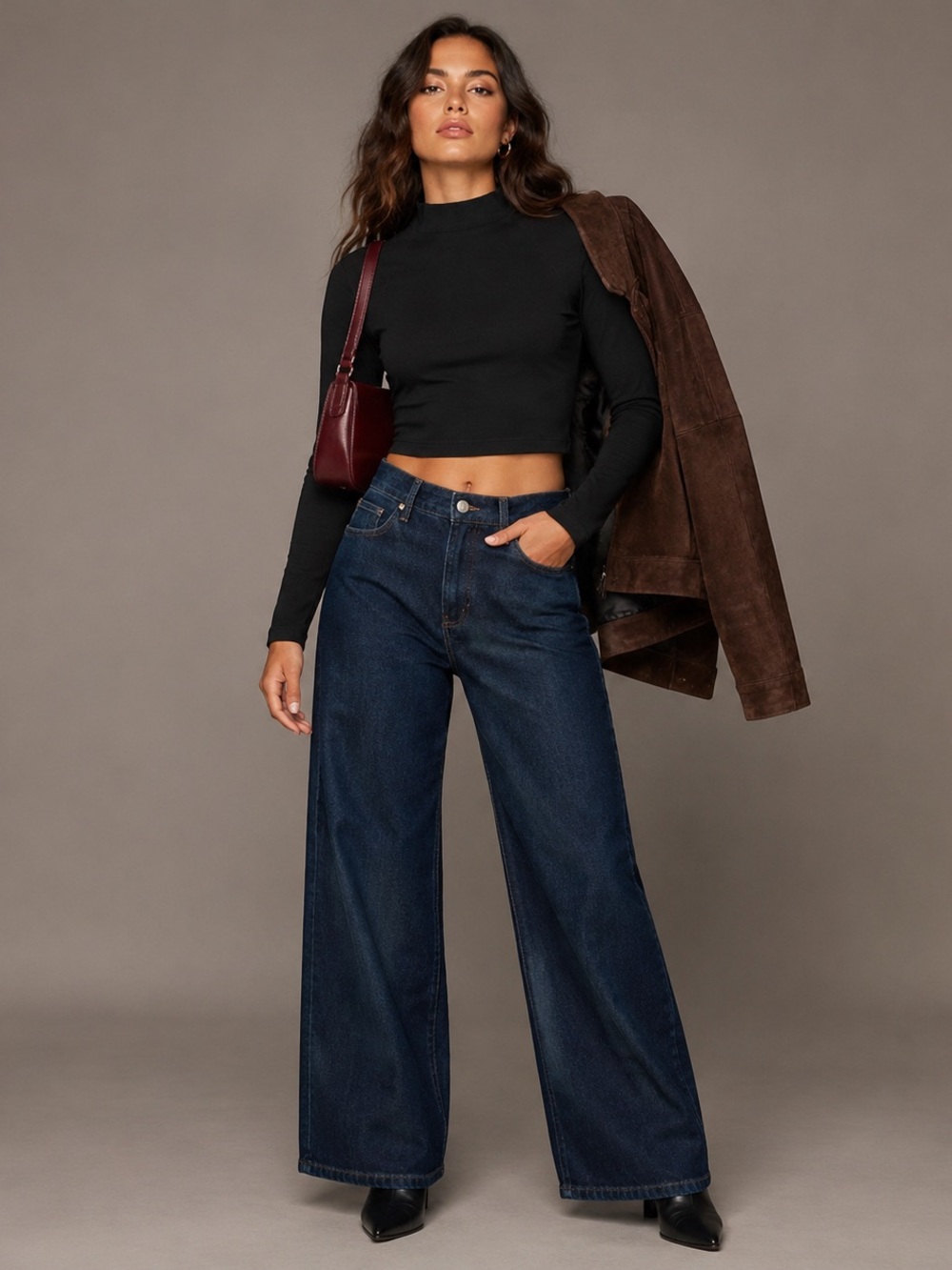 Zara Black Long-Sleeve Mock Neck Crop Top